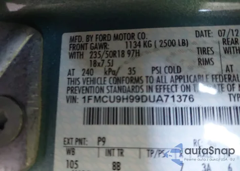 2013 Ford Escape Sel z USA, uszkodzony, nr VIN 1FMCU9H99DUA71376
